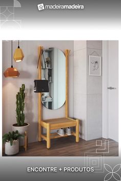 a wooden bench sitting under a mirror next to a potted plant and light fixture