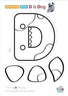 the letter d is for dog coloring page with an image of a dog's face