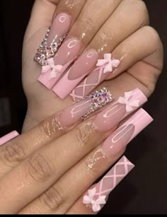 Pink Blinged Out Nails, Pink Bling Nails, Ruby Nails, Pink Nail Art Designs, Flare Nails, Spring Acrylic Nails, Ombre Acrylic Nails