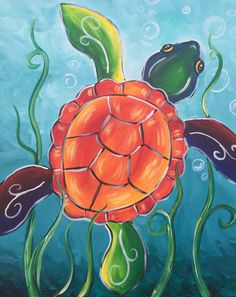 an acrylic painting of a sea turtle swimming in the ocean with two fish