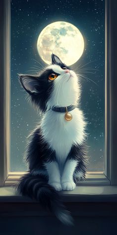 a black and white cat sitting on a window sill looking out at the moon