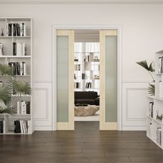 an open door leading to a living room with bookshelves and plants in it