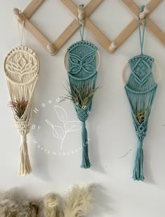 three macrame dream catchers are hanging on the wall next to some yarn