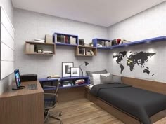 a bedroom with a bed, desk and bookshelves on the wall above it