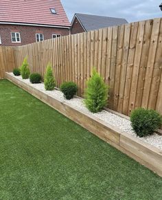 a fenced in backyard area with grass and shrubs on the side, next to a lawn