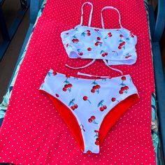 Really Cute Bikini With Cherries Throughout. Excellent Unworn Condition. Bottom Is Reversible. Cute Bikinis, Two Pieces, Womens Swim, Red White, Two Piece, Cute Outfits, Size 4, Red, Women Shopping