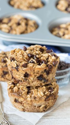 chocolate chip oatmeal breakfast muffins stacked on top of each other