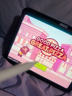 someone is playing the video game good pizza great pizza on their tablet pc and pointing at it