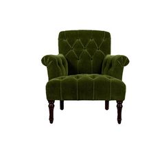 a green chair with buttons on the back and arms, sitting in front of a white background