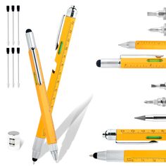 several different pens and pencils with measuring tape on them