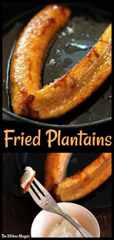 fried plantains in a cast iron skillet with a fork and small white bowl