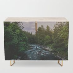 the sideboard is decorated with an image of a river and some trees in the background