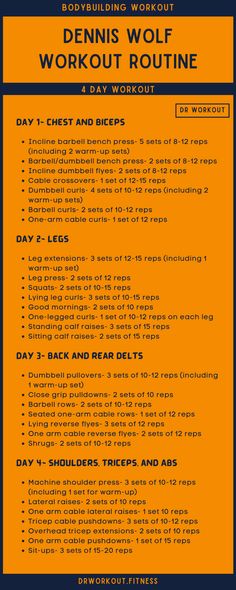 Dennis Wolf’s Workout Routine Wolf Body Type Workout, Wolf Workout, Workout Charts, Dennis Wolf, Body Type Workout, 4 Day Workout, Lower Workout