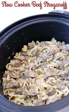 slow cooker beef stroganoni in a crock pot with text overlay