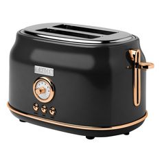 an image of a black toaster with gold trim