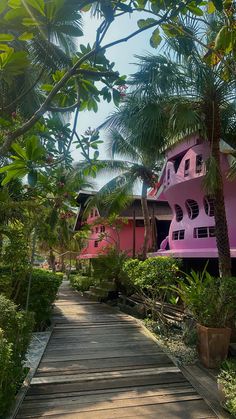 a pink building with palm trees on both sides and a wooden walkway leading to it