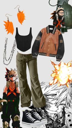 #bakugoukatsuki #bakugo #mha #myheroacademia #bomberjacket #earrings #necklace #silverchain #cargopants Bakugo Clothes Style, Outfits Inspired By Mha Characters, Denki Inspired Outfit, Deku Inspired Outfit, My Hero Academia Outfits Ideas, Bakugo Earrings, Bakugo Outfit Ideas, Mha Casual Clothes, Bakugou Inspired Outfit