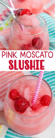 pink moscato slushie with raspberries in it