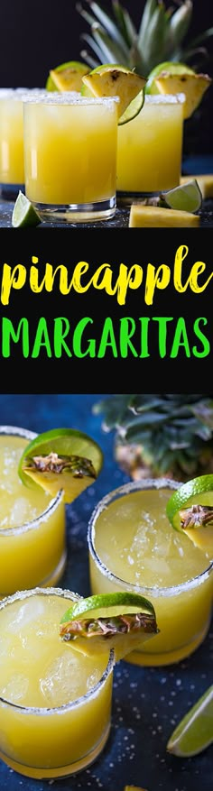 pineapple margaritas are served in small glasses with lime garnish on the rim