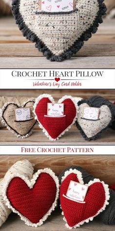 crochet heart pillow is shown in three different colors and sizes, including red, white