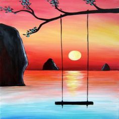 a painting of a sunset on the water with a swing hanging from it's side