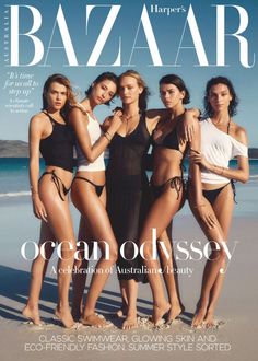 three beautiful women in bathing suits on the cover of harper magazine, with ocean o'overseyy