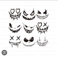 halloween faces with different expressions and designs on the face, all drawn in black ink