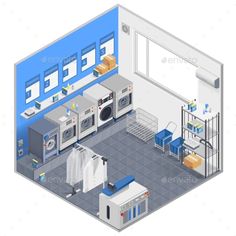 an industrial laundry room with washing machine and dryer - objects 3d renders graphics