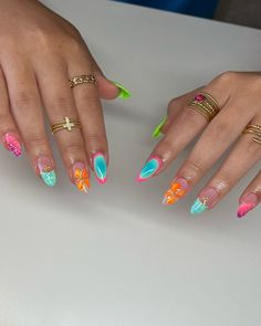 Short Nail Designs Bright Colors, Miami Vice Nails, Over The Top Nails, Sun Nails Design, Aquamarine Nails, Cruise Nails, Electric Orange, Vibrant Nails