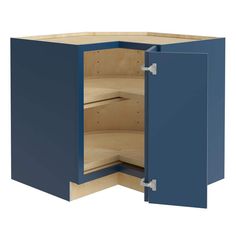 a blue cabinet with two doors open