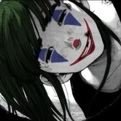 a drawing of a woman with green hair and clown makeup on her face, looking down at the ground