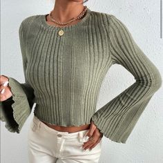 Super Soft Material Wide Sleeve Cropped Long Sleeve Shirt From Shein, Never Worn In Great Condition Trumpet Sleeve Top, Rib Knit Top, Flare Long Sleeve, Trumpet Sleeve, Women T Shirts, Shein Tops, Knit Crop Top, Wide Sleeves, Crop Shirt