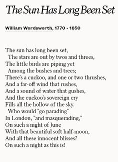 the sun has long been set poem by william wordsworth, tro - 1800