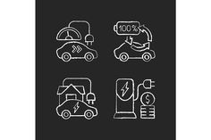 four different types of electric vehicles on a black background with white chalk writing in the middle