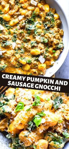 creamy pumpkin and sausage gnocchini in a white bowl