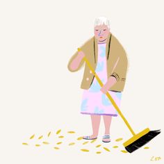 an older woman sweeping the floor with a broom