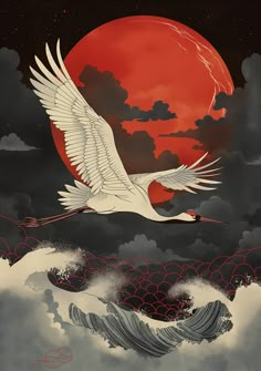 a large white bird flying over waves under a red moon