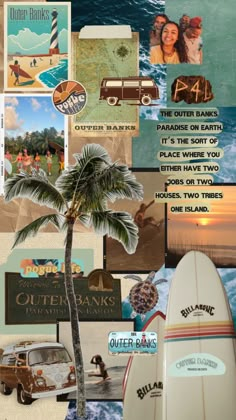 a collage of surfboards, palm tree and other things in the background with words on them