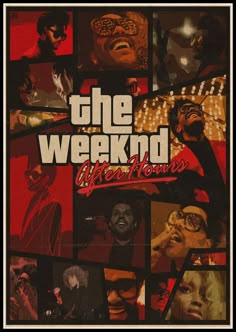 the weeknd album cover with collage of photos and words in red, black and white