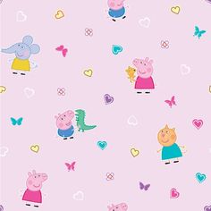 peppa pig wallpaper with hearts and other cartoon characters on the pink background for children's room