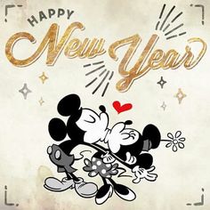 mickey and minnie kissing each other with the words happy new year written in gold foil