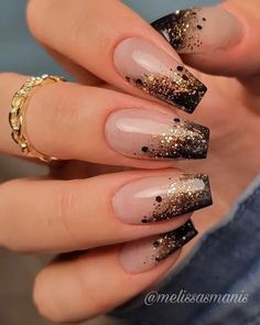 Gold Sparkle Nails, Colorful Nails, Sparkle Nails, Nail Designs Glitter, Prom Nails, Fancy Nails, Short Acrylic Nails, Nail Arts