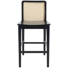 a black and white bar stool with woven seat padding on the backrests