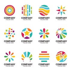 six different logos with colorful shapes