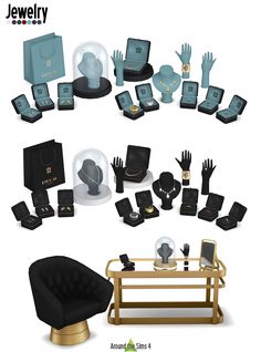 an assortment of jewelry is displayed on a table with a chair and other items around it