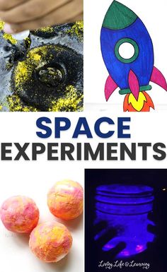 there are different pictures with the words space experiments on them and in front of it