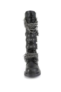 Attention: This product requires a 5-day processing time before it is shipped out! Don't wait – take action and order now to embark on your daring adventure with these boots! 1 1/4" (32mm) Heel 20 Eyelet Unisex Knee High Combat Boot Triple Buckle Straps and Brass Knuckles Chain Detail Inside Zip Closure Approximate calf circumference: 13.3" Approximate shaft height:14" If the product or your size is unavailable please sign up to notify me when back in stock on the product page. Boots With Chains, Mirror Jacket, Male Boots, Outfits Coachella, Warriors Jacket, Knee High Combat Boots, Silver Jumpsuits, Dance Mirrors, Coachella Outfits