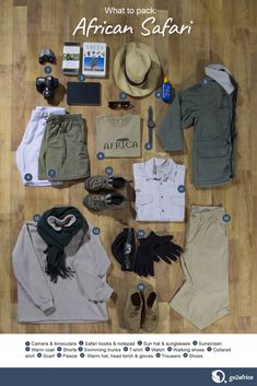 the contents of an african safari outfit laid out on top of a wooden floor with information about what to pack