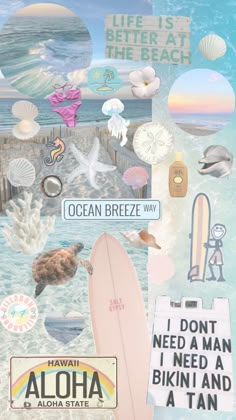 an altered collage of various items including a surfboard, beach sign and ocean breeze