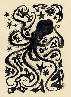 an ink drawing of an octopus surrounded by stars and other sea creatures in black on white paper